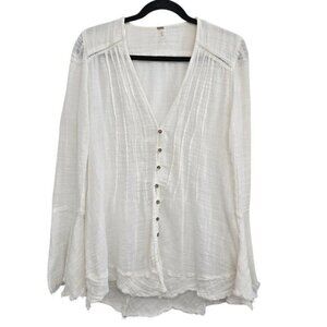 Free People Boho Fringe Hem V-Neck Blouse Sz S Flared Sleeve Ivory Peasant Goth